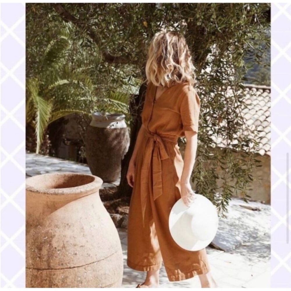 Trovata Birds of Paradise Tan Brown Cotton Wide Leg Belted Jumpsuit Size 8